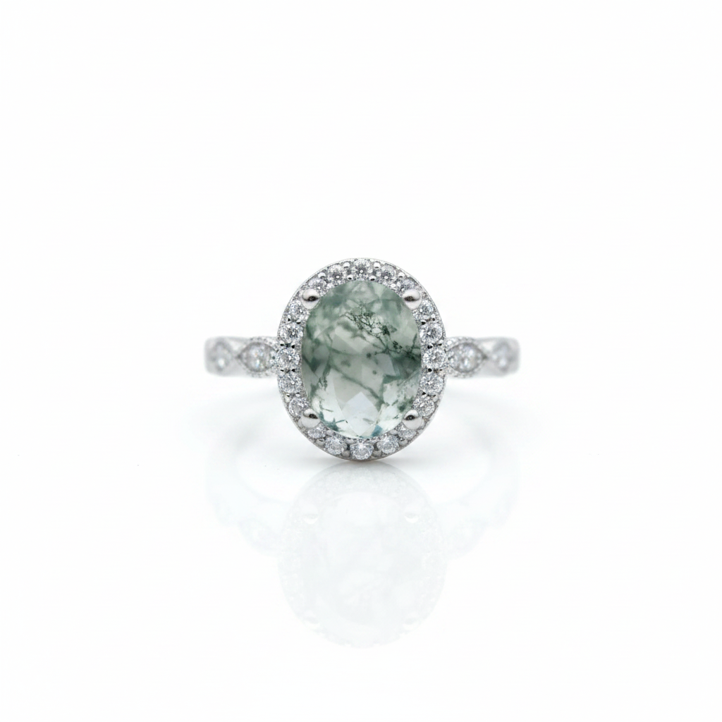 2ct Oval Cut Natural Moss Agate Engagement Ring-Black Diamonds New York
