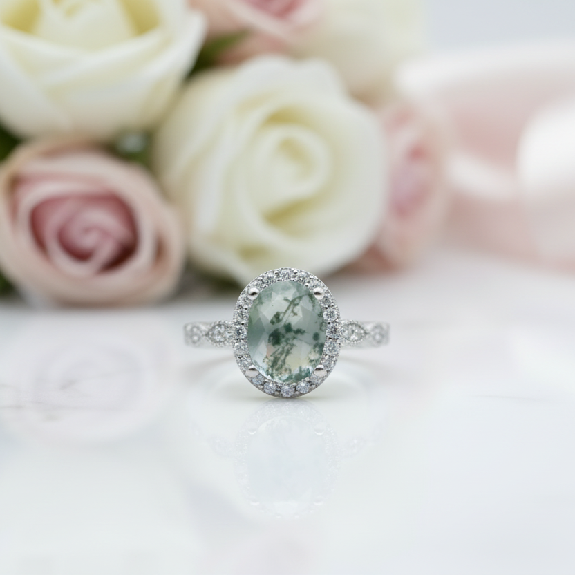 2ct Oval Cut Natural Moss Agate Engagement Ring-Black Diamonds New York
