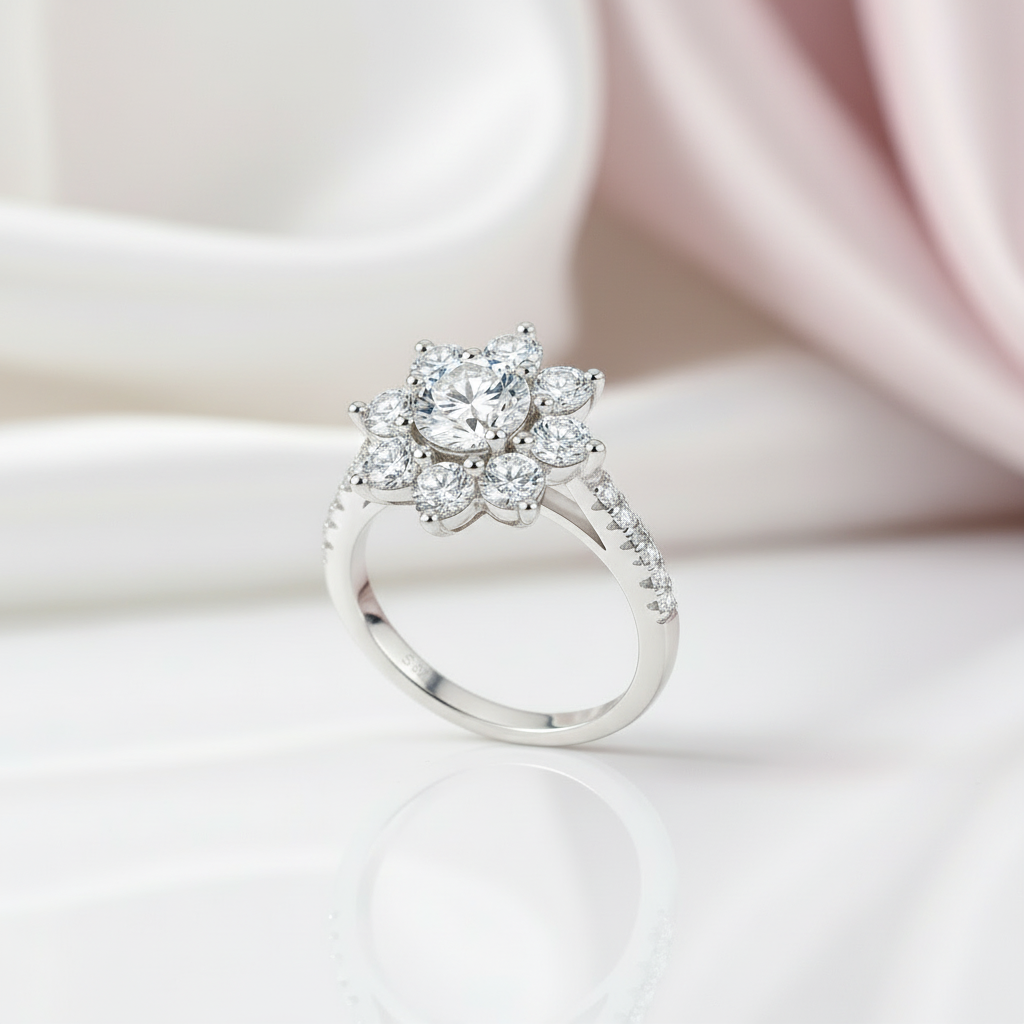 2.0 Ct Round Cut Diamond Sunflower Halo Engagement Ring-Black Diamonds New York