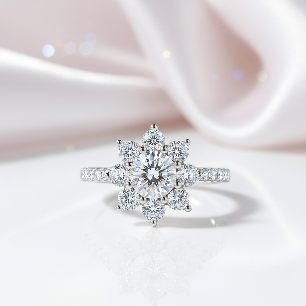 2.0 Ct Round Cut Diamond Sunflower Halo Engagement Ring-Black Diamonds New York