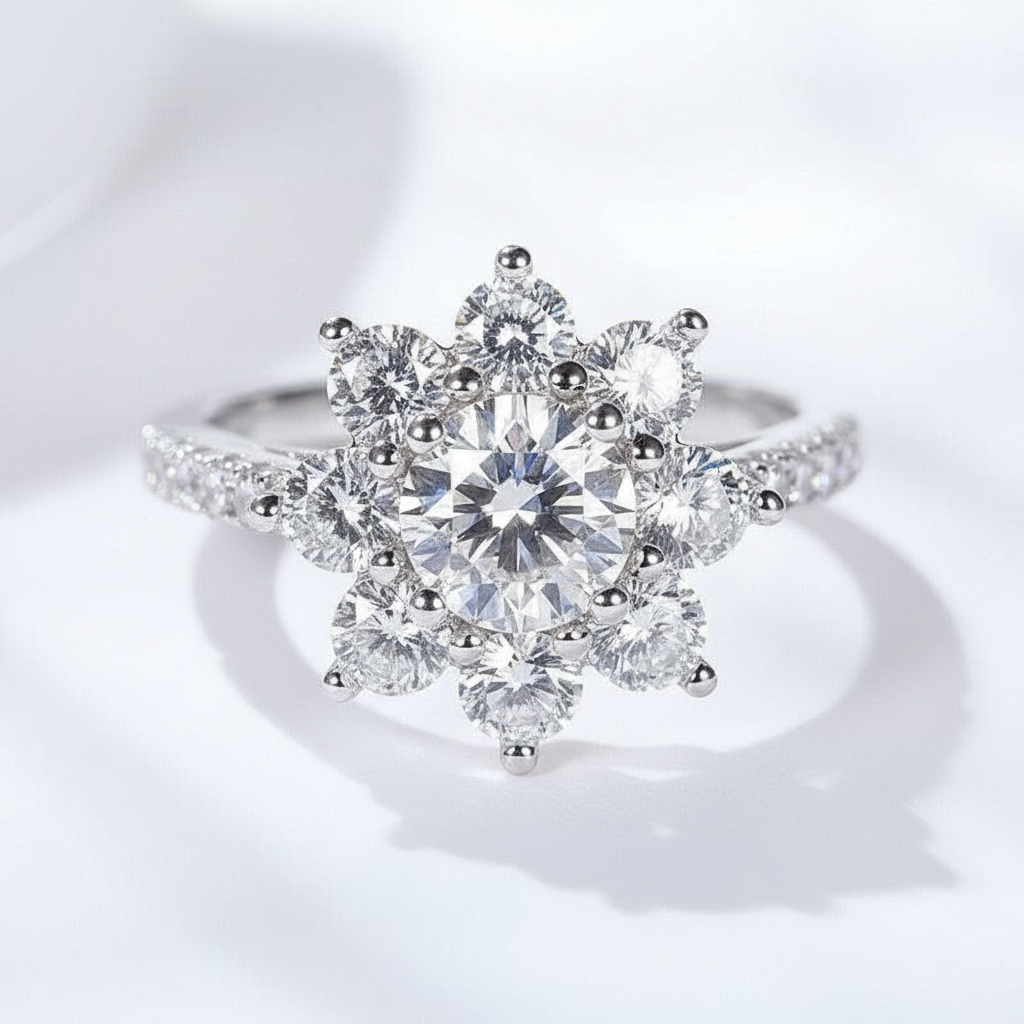 2.0 Ct Round Cut Diamond Option Sunflower Halo Engagement Ring-Black Diamonds New York