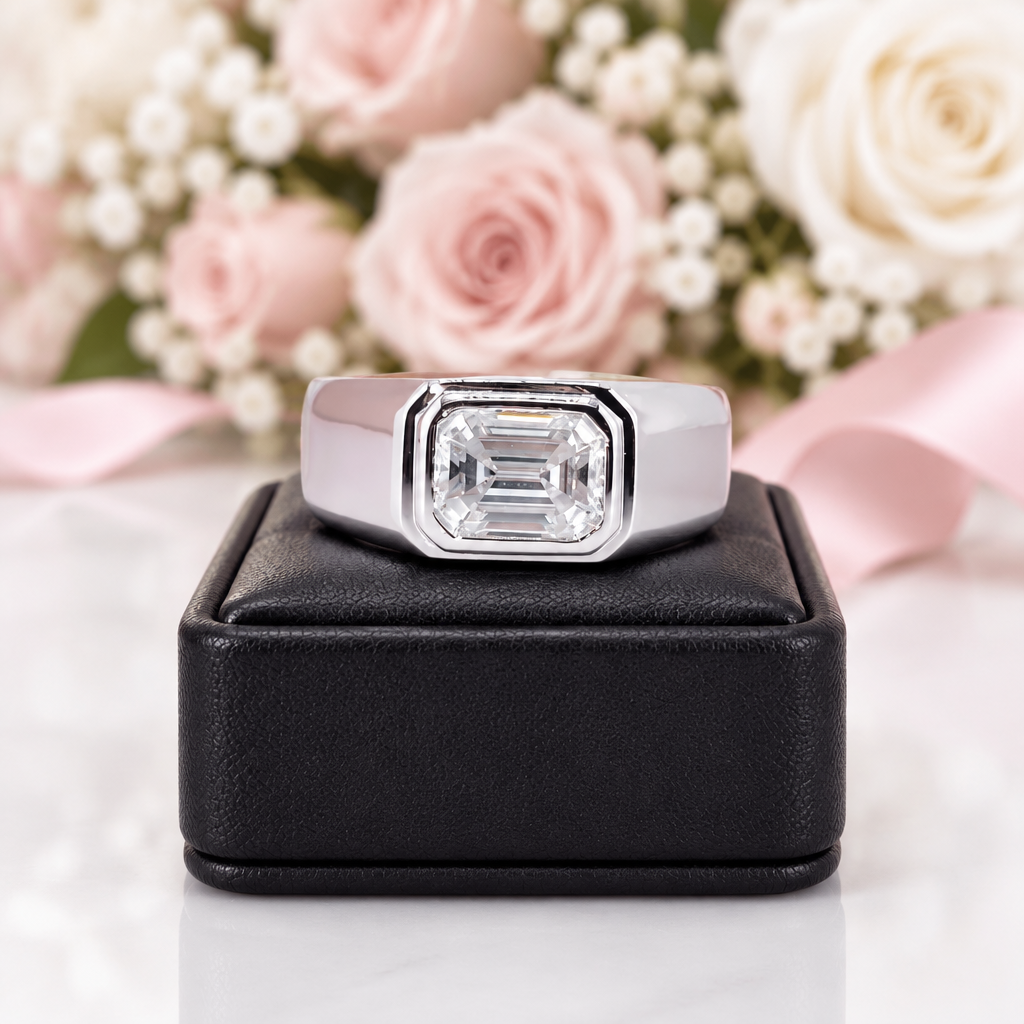 A silver-toned men's signet ring with an emerald-cut clear gemstone, displayed on a black presentation box with a soft-focus floral background of pink and white roses.