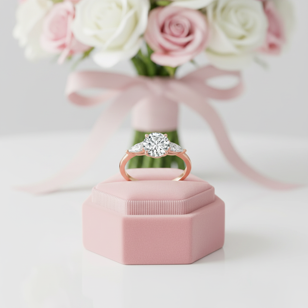 2ct Round cut Diamond Option Three Stone Rose Gold Ring-Black Diamonds New York