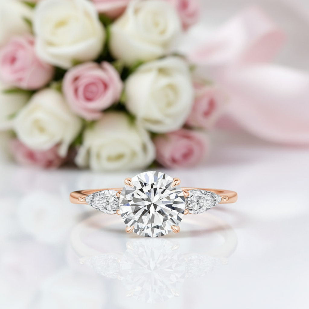 2ct Round cut Diamond Option Three Stone Rose Gold Ring-Black Diamonds New York