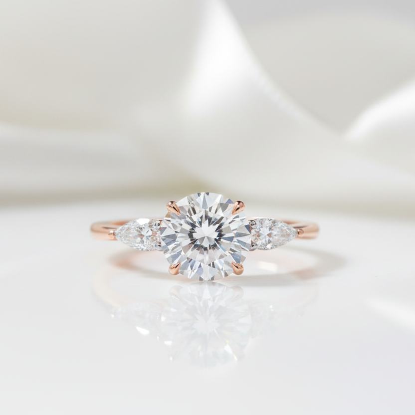 2ct Round cut Diamond Option Three Stone Rose Gold Ring-Black Diamonds New York