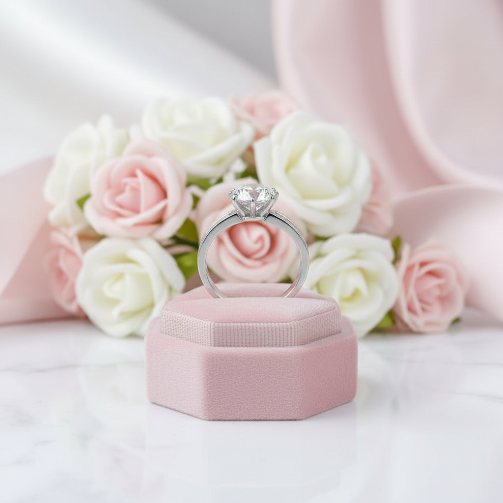 Diamond ring in a pink box with pink and white roses in the background