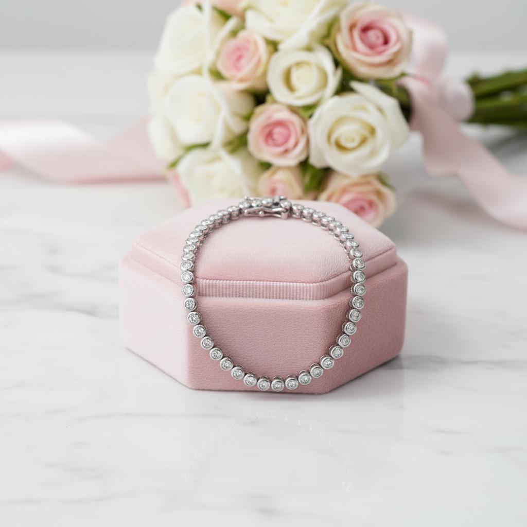 Pink jewelry box with decorative chain on a white surface with flowers in the background