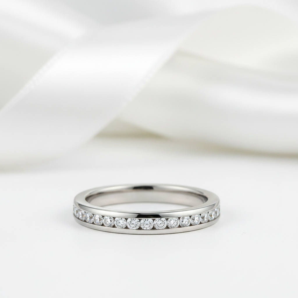 A slim silver eternity ring set with small round clear gemstones, photographed on a soft white surface with a blurred white satin ribbon in the background.