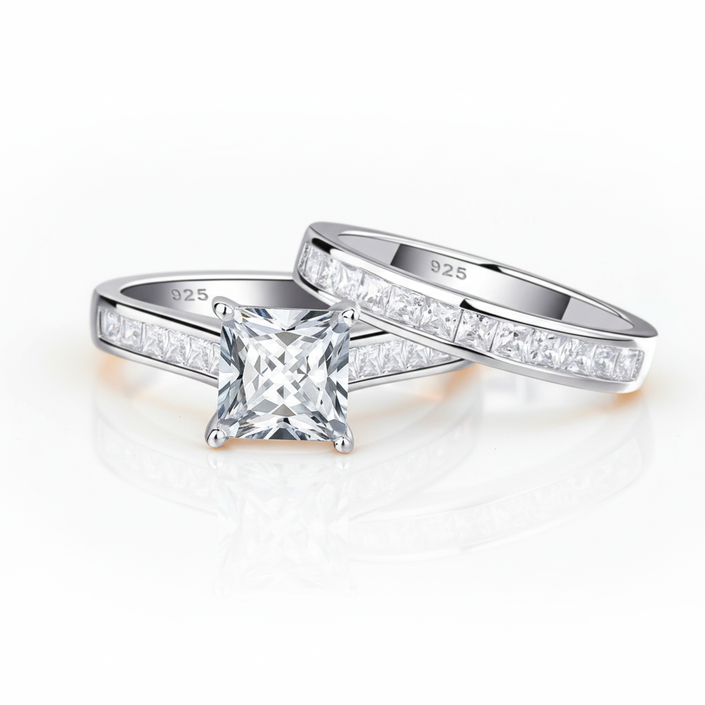 2Pcs 1.25Ct Princess Cut Diamond Option Engagement Ring Set-Black Diamonds New York