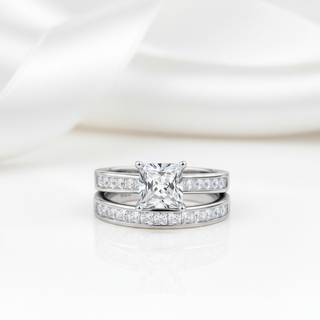 2Pcs 1.25Ct Princess Cut Diamond Option Engagement Ring Set-Black Diamonds New York