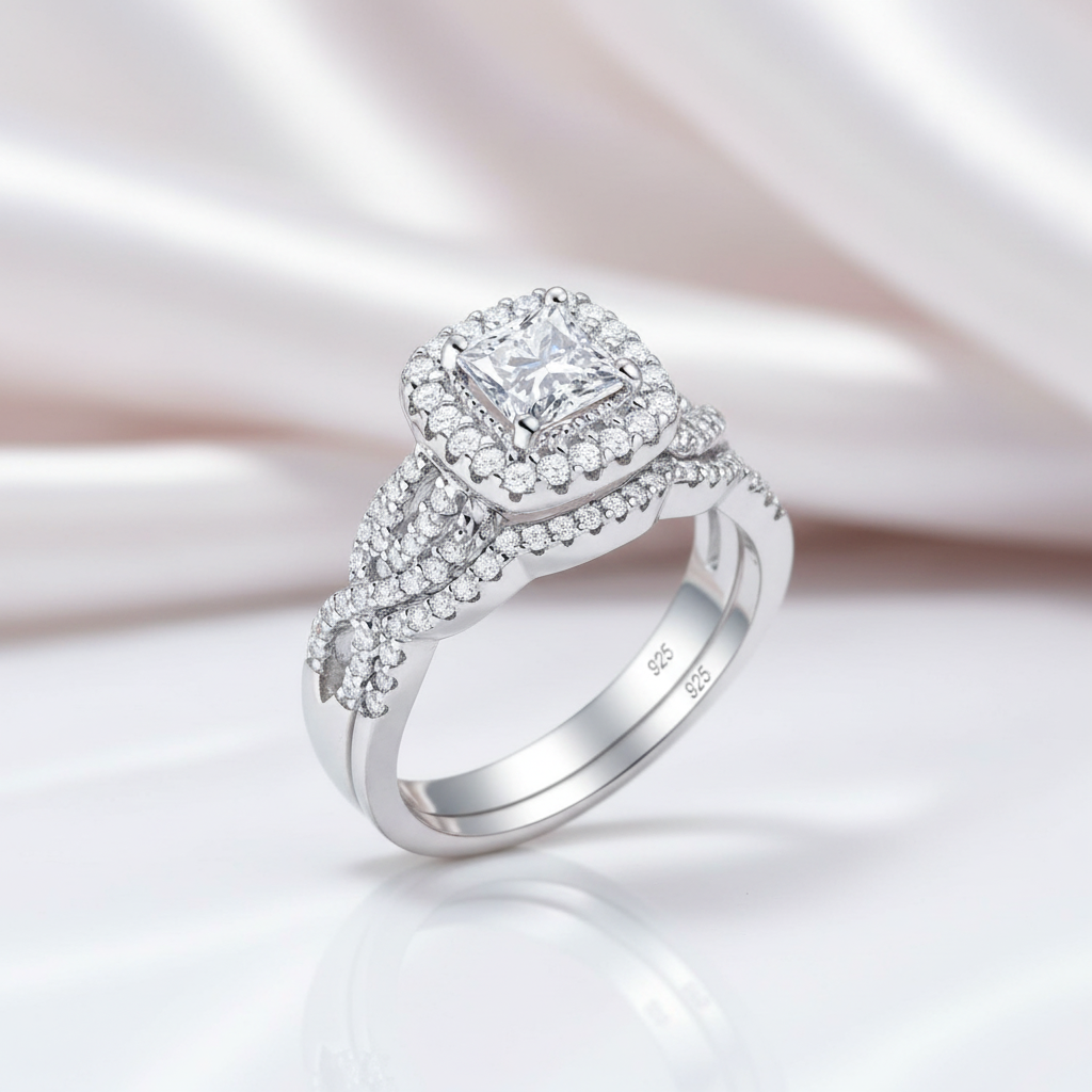 2Pcs 1.4Ct Princess Cut Diamond Option Halo Twisted Ring Set-Black Diamonds New York