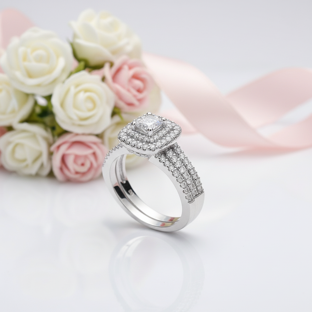 2Pcs 1.5Ct Princess Cut Diamond Option Double Halo Engagement Ring Set-Black Diamonds New York