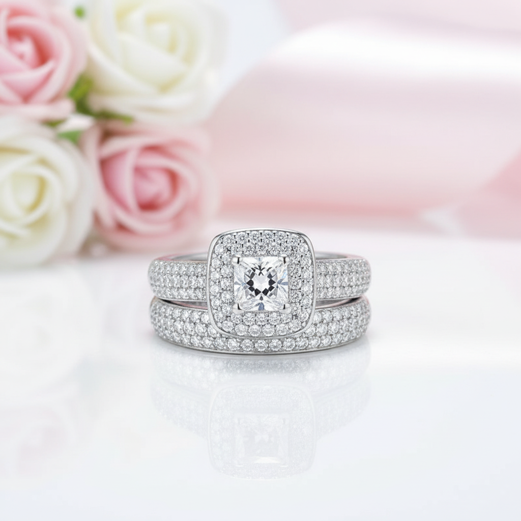 2Pcs 2.26 Ct Princess Cut Diamond Option Double Halo Ring Set-Black Diamonds New York