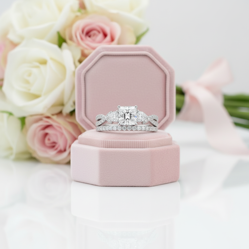Diamond ring in a pink box with flowers in the background