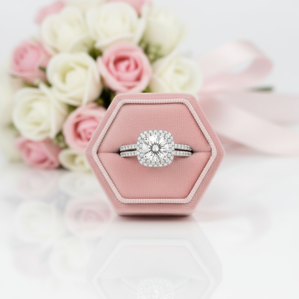 2Pcs Halo 1.6 Ct Round Diamond Option Engagement Ring Set-Black Diamonds New York