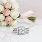 2Pcs Princess Cut Diamond Option Halo Engagement Ring-Black Diamonds New York