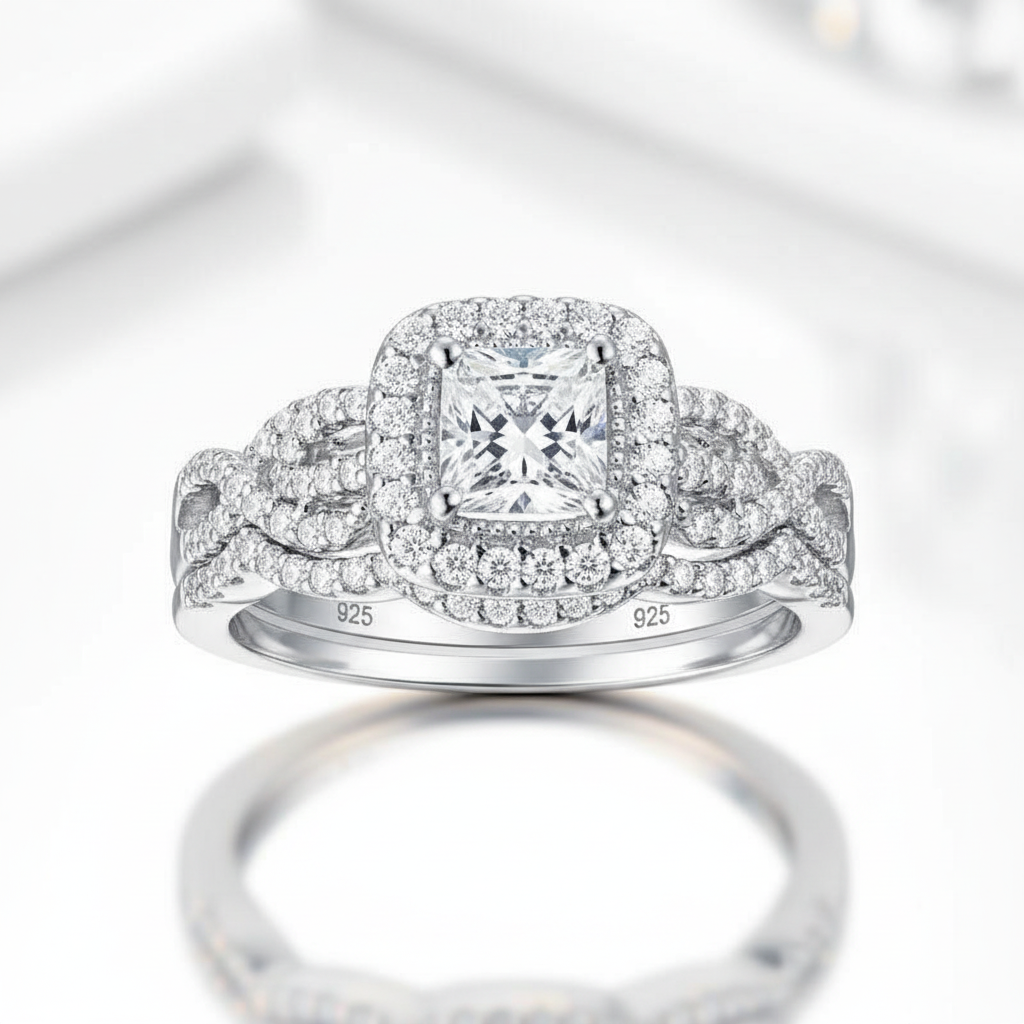2Pcs Princess Cut Diamond Option Halo Ring Set-Black Diamonds New York