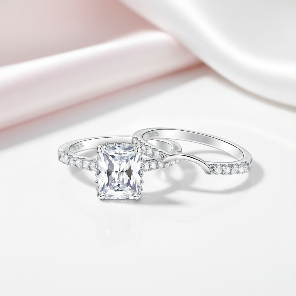 2Pcs Rectangle Cut Diamond Option with Hidden Halo Engagement Ring-Black Diamonds New York