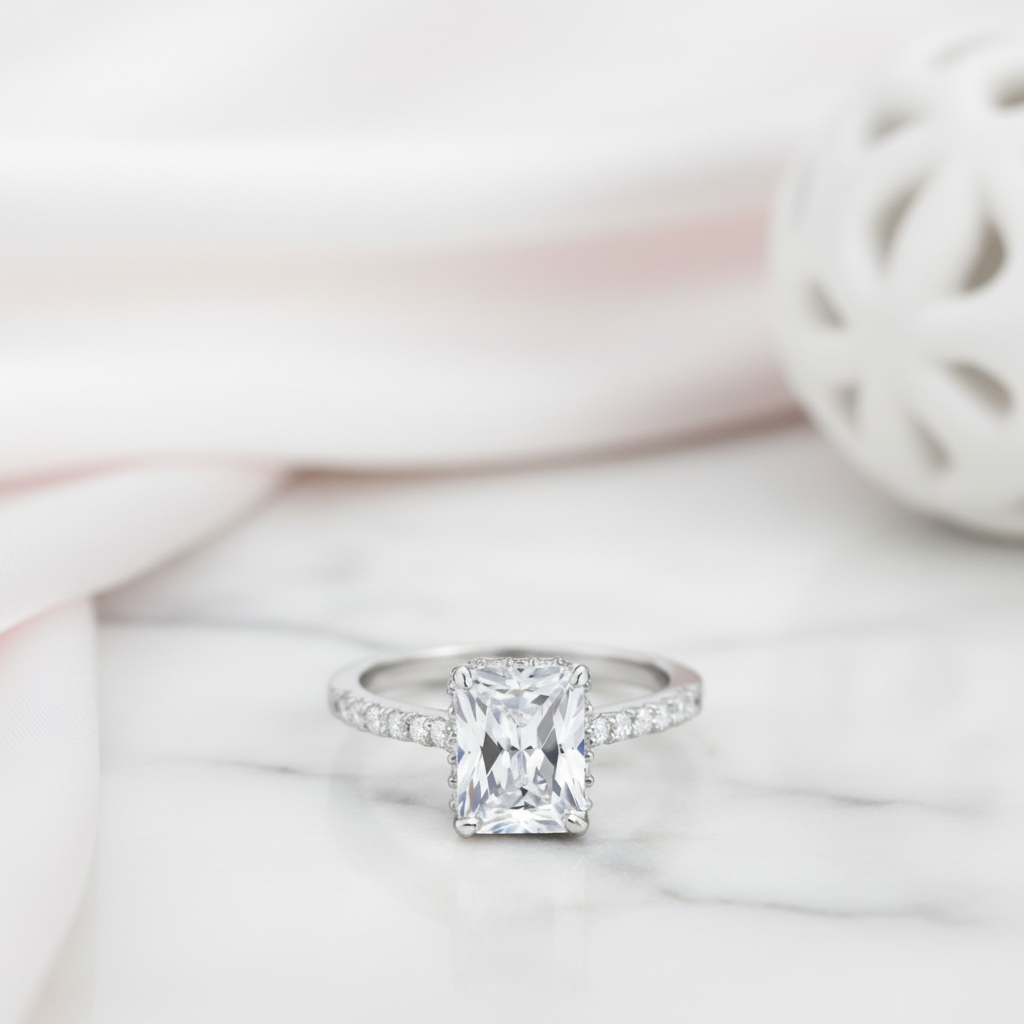 2Pcs Rectangle Cut Diamond Option with Hidden Halo Engagement Ring-Black Diamonds New York