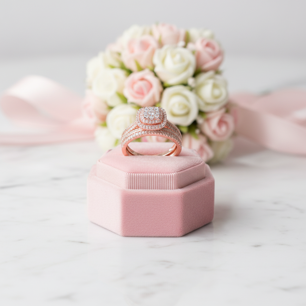 Rose gold ring in a pink box with a bouquet of flowers in the background