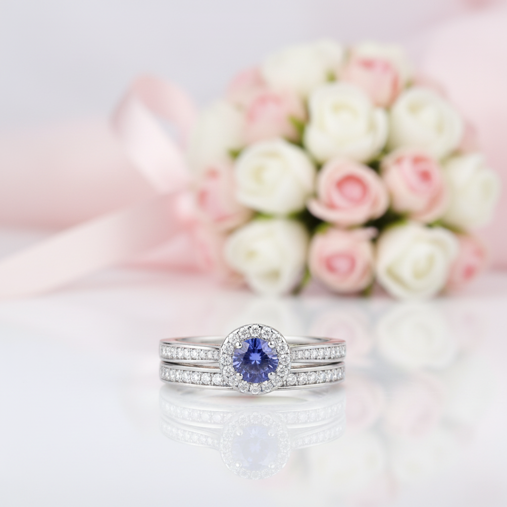 2Pcs Round Cut White & Blue Diamond Option Halo Ring Set-Black Diamonds New York