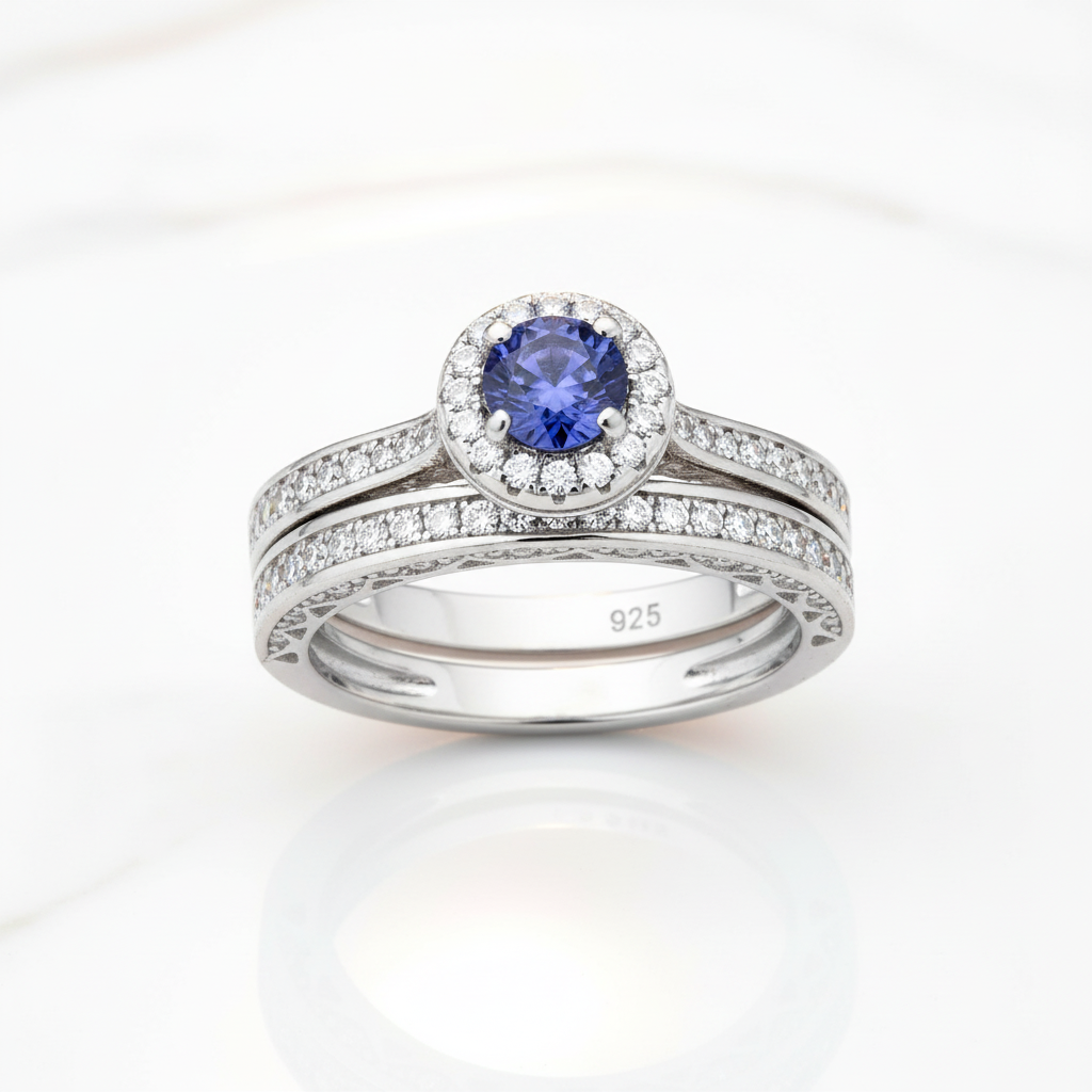 2Pcs Round Cut White & Blue Diamond Option Halo Ring Set-Black Diamonds New York