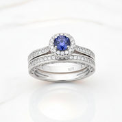 2Pcs Round Cut White & Blue Diamond Option Halo Ring Set-Black Diamonds New York