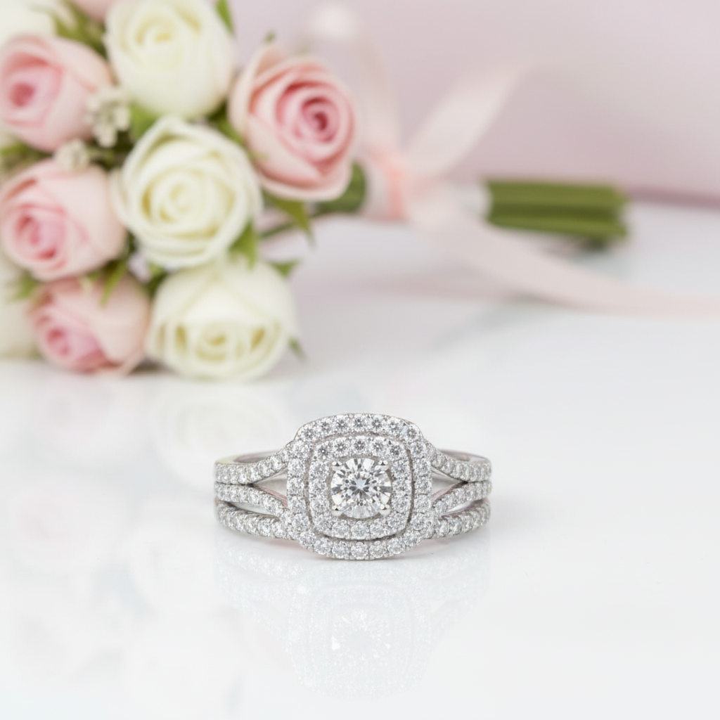 2Pcs Round Diamond Option Halo Engagement Ring Set-Black Diamonds New York