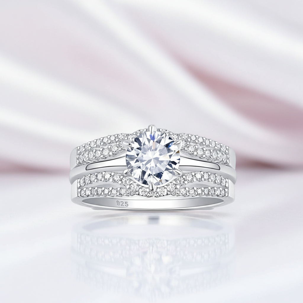 Round Diamond Option Ring with Wavy Double Band Set-Black Diamonds New York