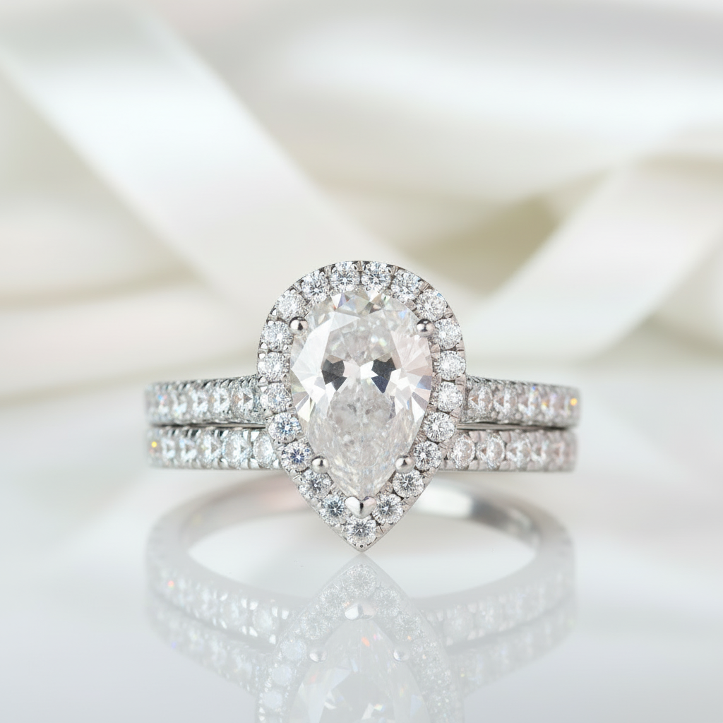 2pcs Tear Drop Shaped Diamond Engagement Ring Set-Black Diamonds New York