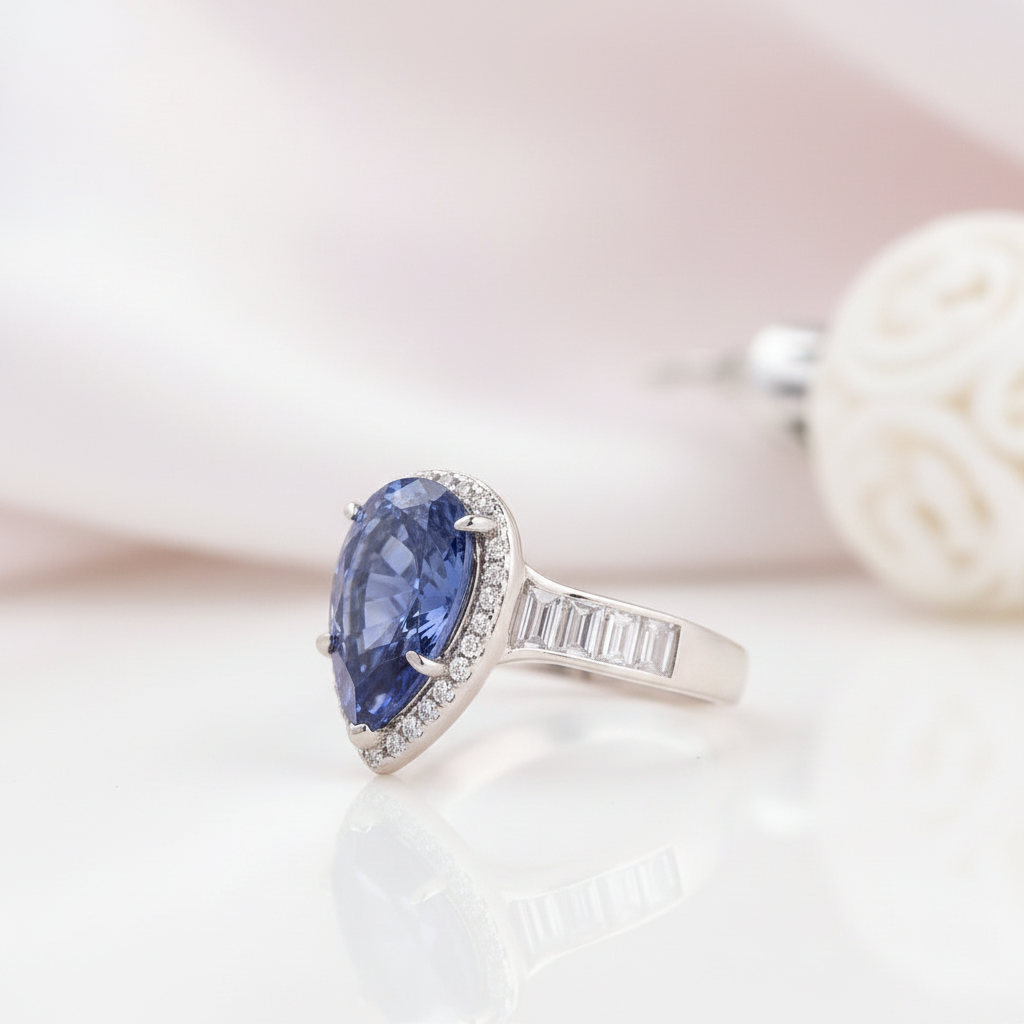 3.0 Carat Pear Cut Aquamarine Blue Engagement Ring-Black Diamonds New York