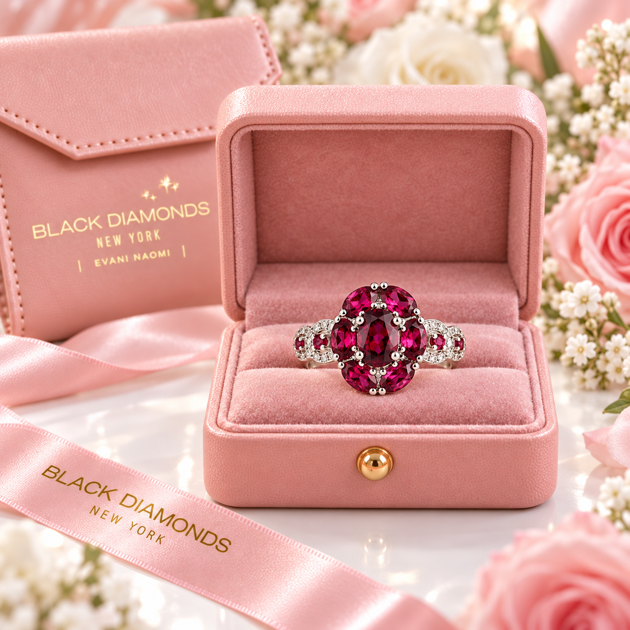 3.0 Ct Purple Garnet Gemstone Flower Ring-Black Diamonds New York