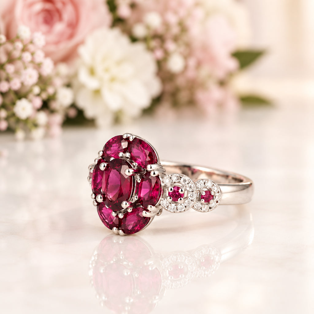 3.0 Ct Purple Garnet Gemstone Flower Ring-Black Diamonds New York