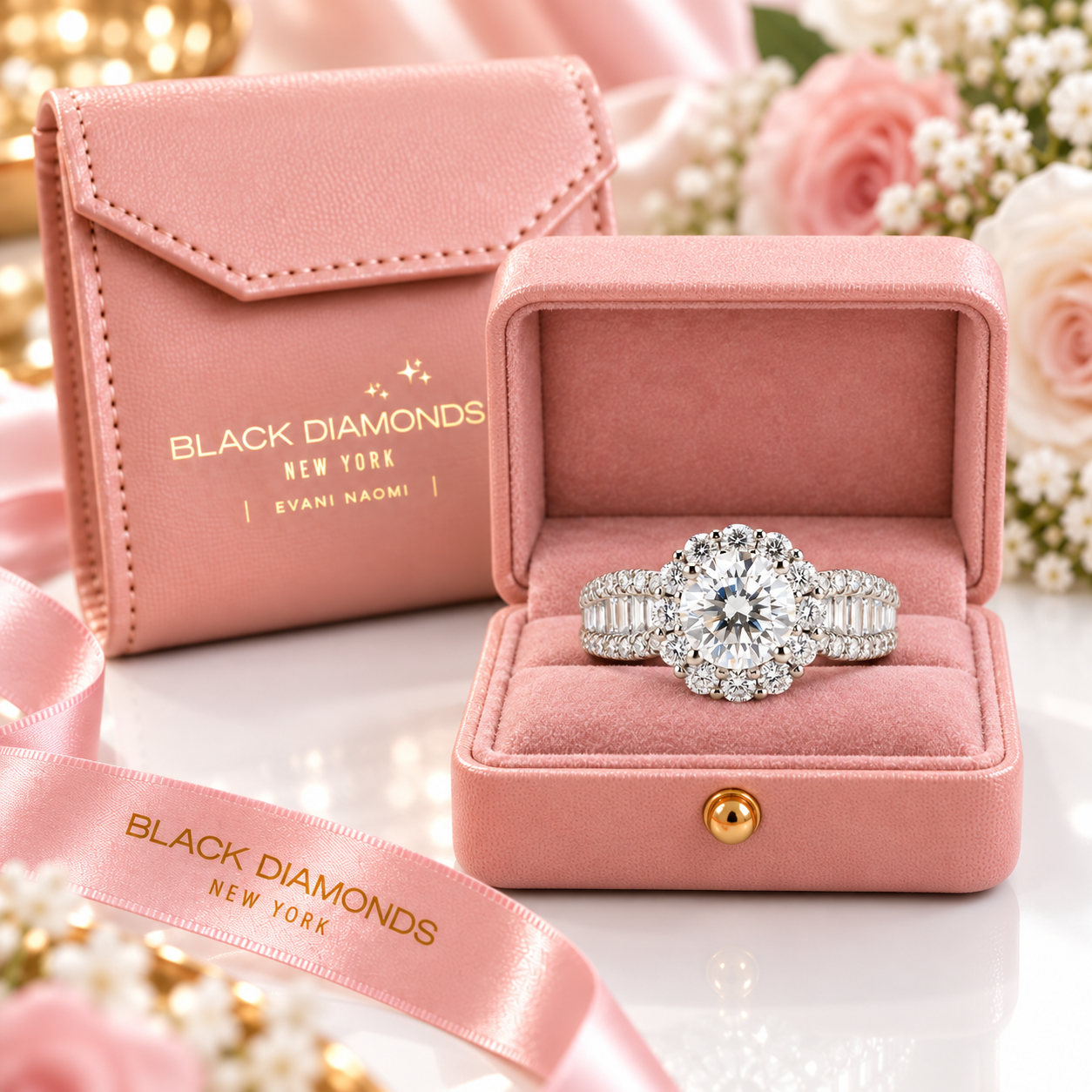 3.0 Ct Round Diamond Option Halo Engagement Ring-Black Diamonds New York