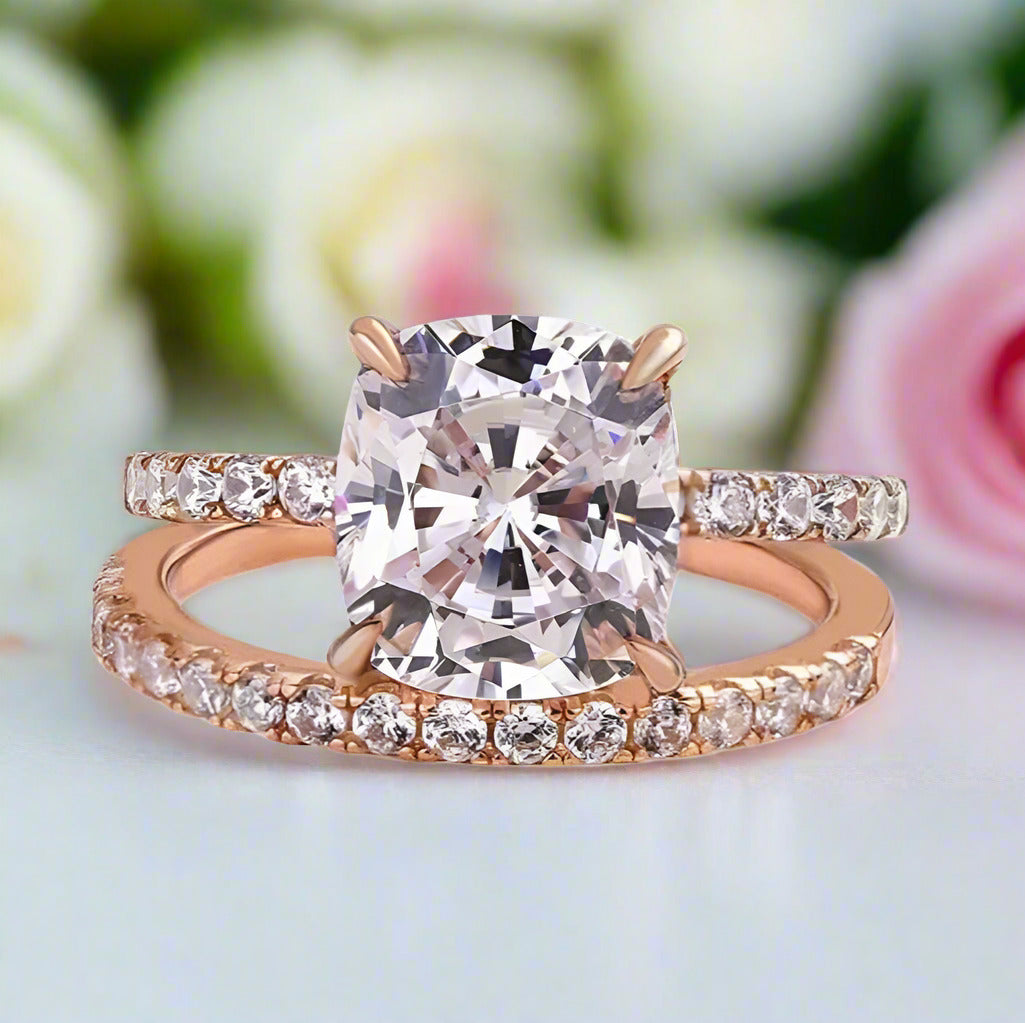 3.0ct Cushion Cut Rose Gold Clear Sapphire Wedding Ring Set-Black Diamonds New York