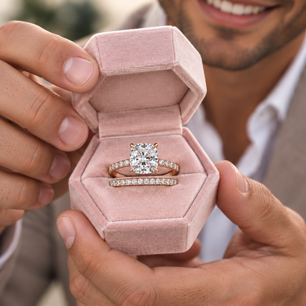 A close-up of a person holding an open pink velvet ring box with a diamond engagement ring and matching band inside, with the person's hands and lower face visible.