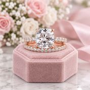 A rose gold engagement ring with a large cushion-cut diamond and a matching diamond band, displayed on a pink velvet ring box with a blurred floral background.