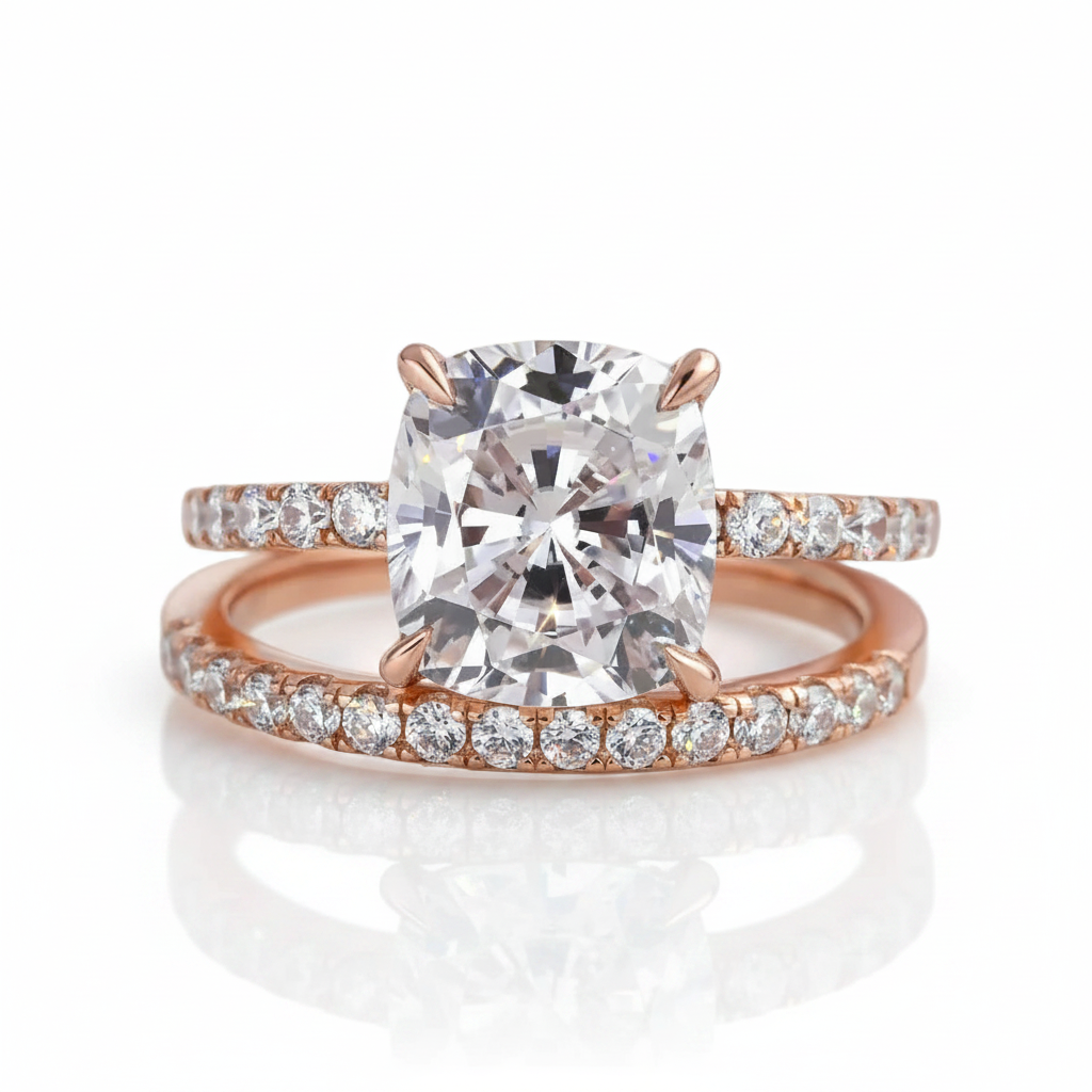 3.0ct Cushion Cut Rose Gold Clear Sapphire Wedding Ring Set-Black Diamonds New York