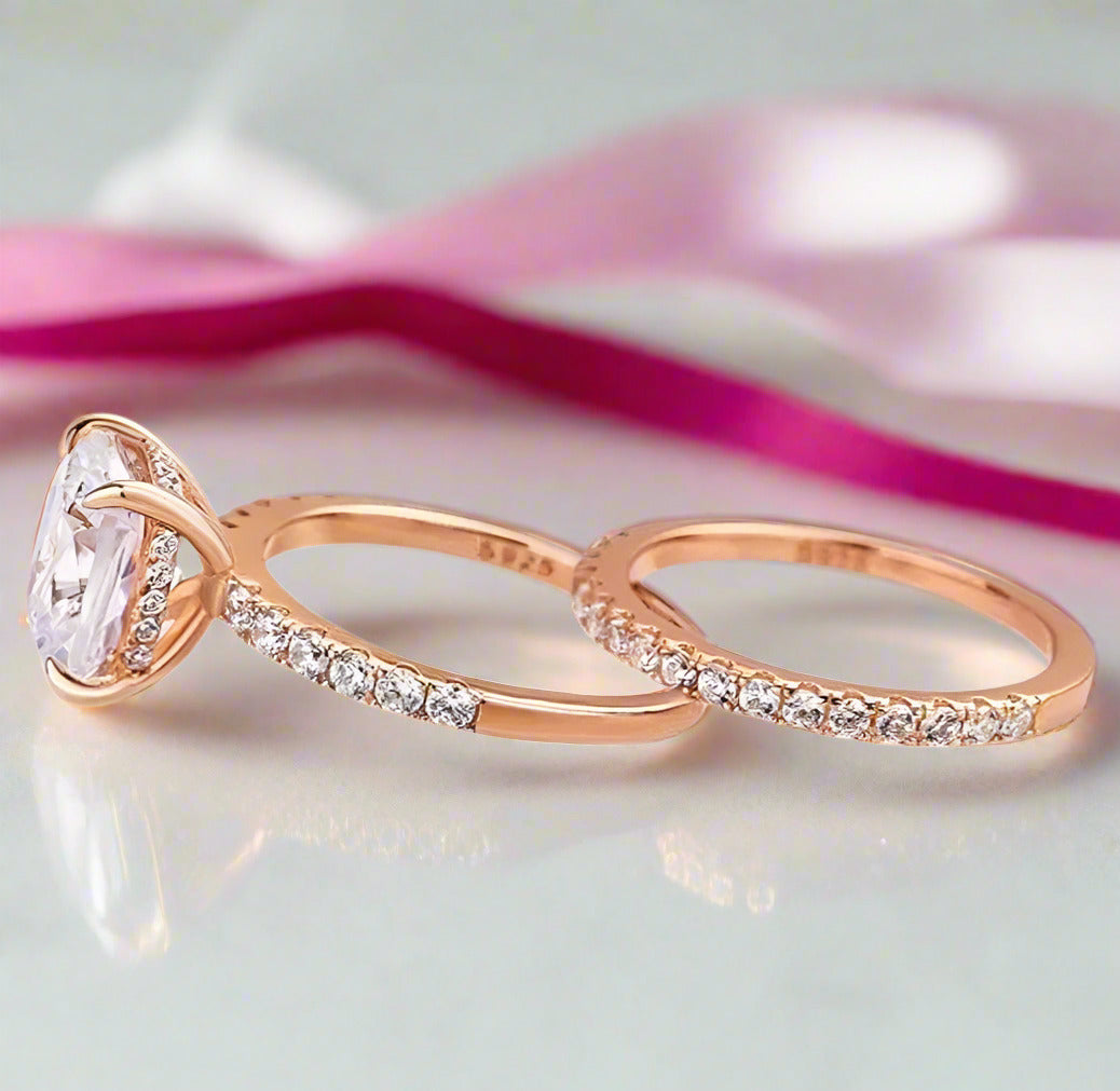 3.0ct Cushion Cut Rose Gold Clear Sapphire Wedding Ring Set-Black Diamonds New York