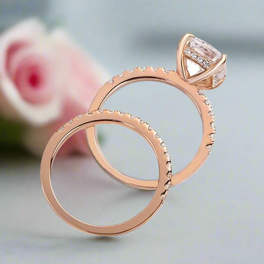 3.0ct Cushion Cut Rose Gold Clear Sapphire Wedding Ring Set-Black Diamonds New York