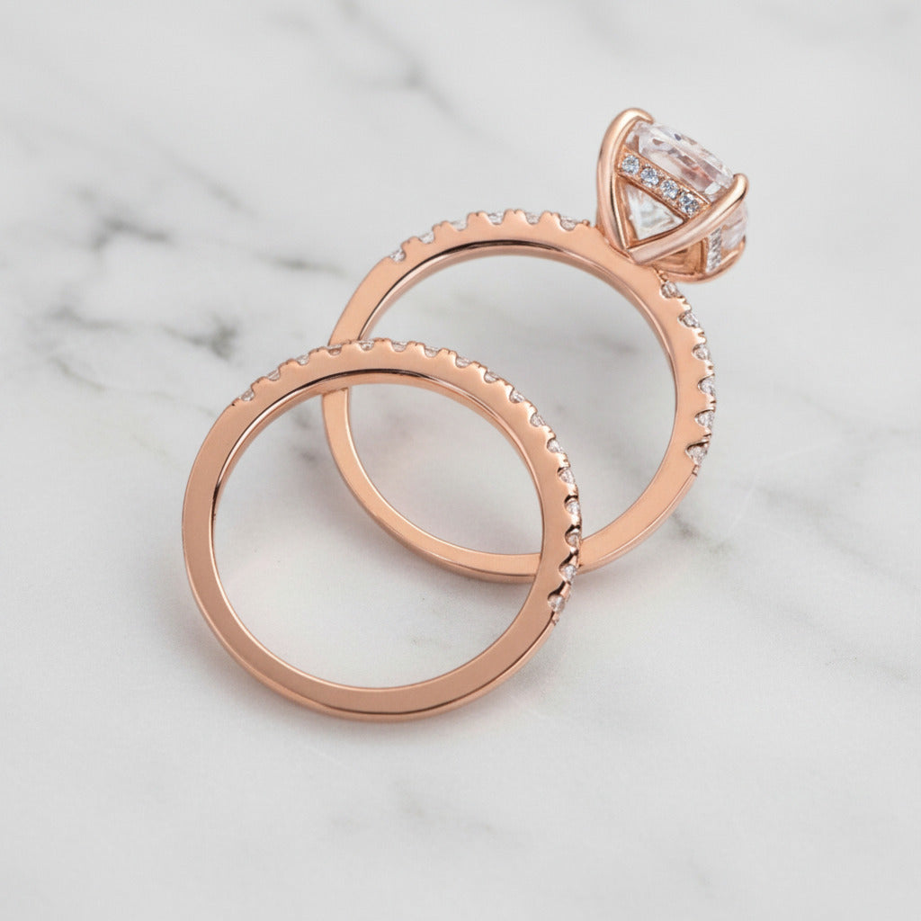 3.0ct Cushion Cut Rose Gold Clear Sapphire Wedding Ring Set-Black Diamonds New York