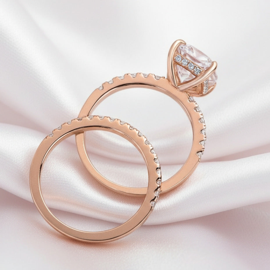 3.0ct Cushion Cut Rose Gold Clear Sapphire Wedding Ring Set-Black Diamonds New York