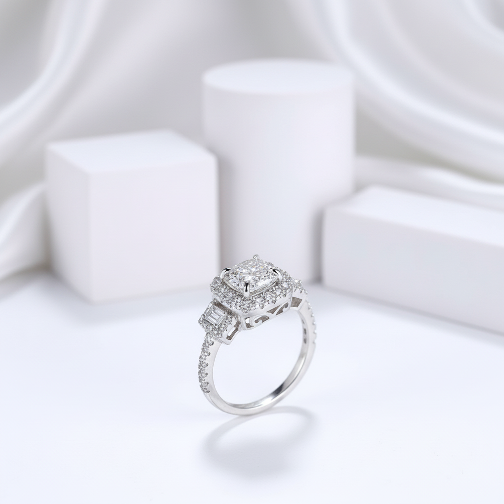 3.0ct Asscher Cut Three Stone Engagement Ring-Black Diamonds New York