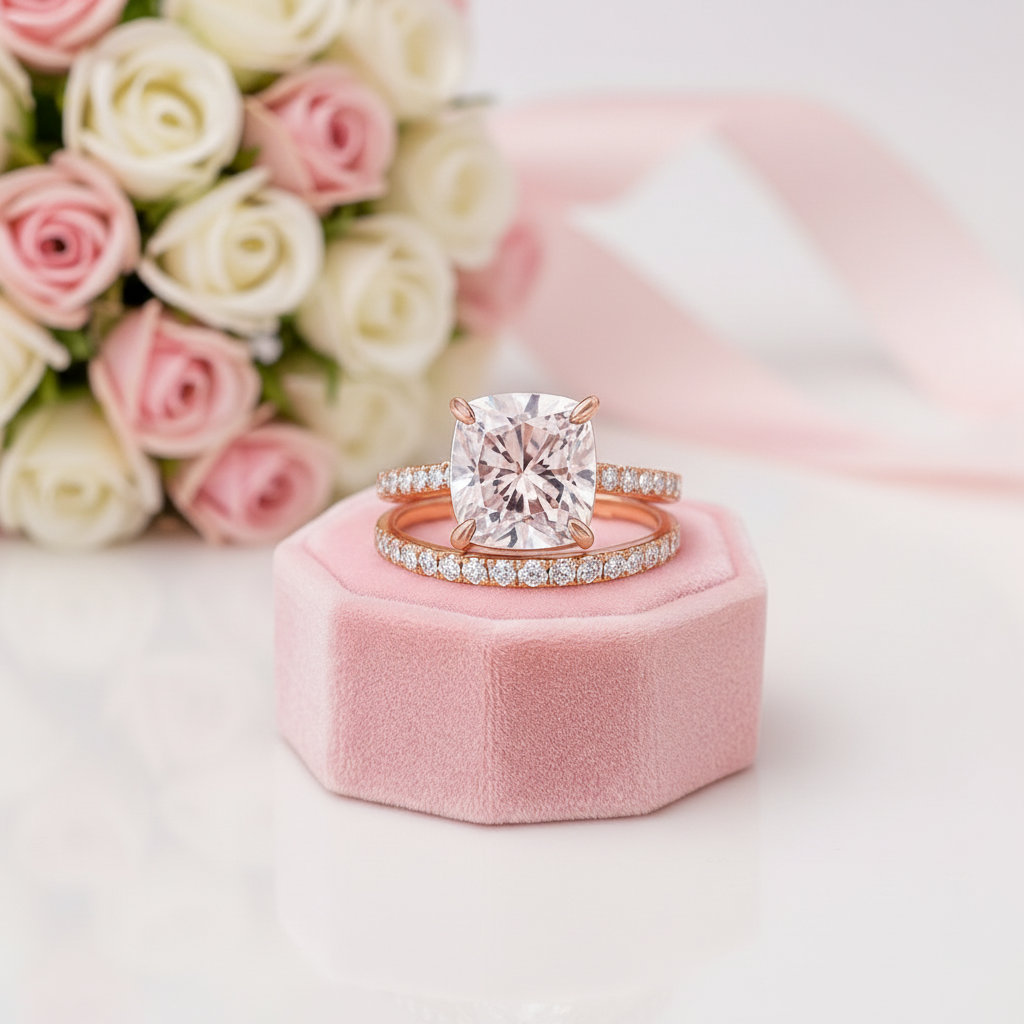 3.0ct Cushion Cut Rose Gold Clear Sapphire Wedding Ring Set-Black Diamonds New York