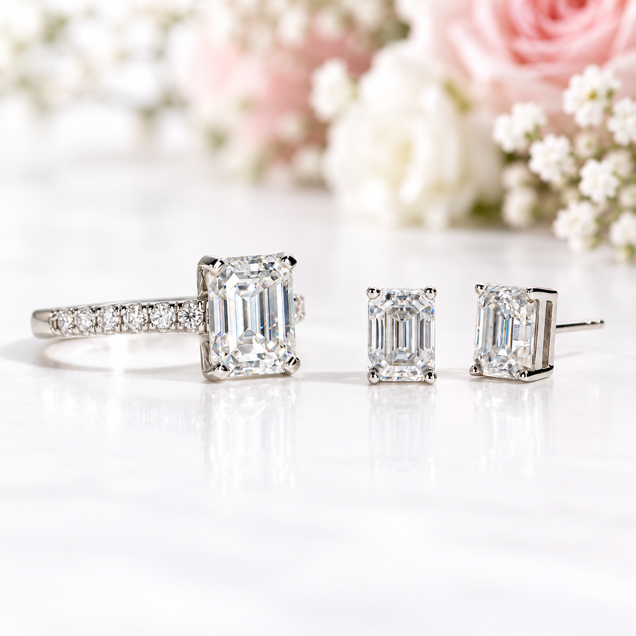 3ct Emerald Cut Certified Moissanite Engagement Ring and Earrings Set-Black Diamonds New York