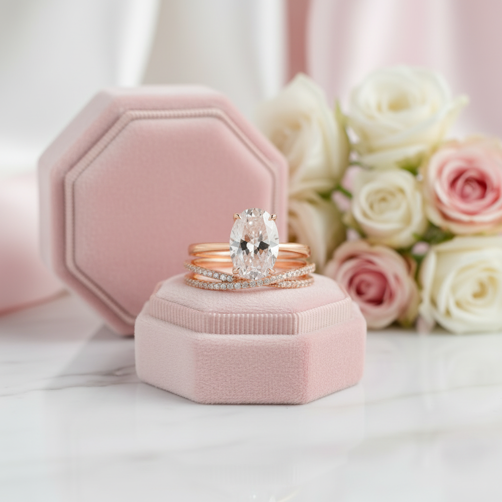 Three gold rings on a pink hexagonal jewelry box with flowers in the background
