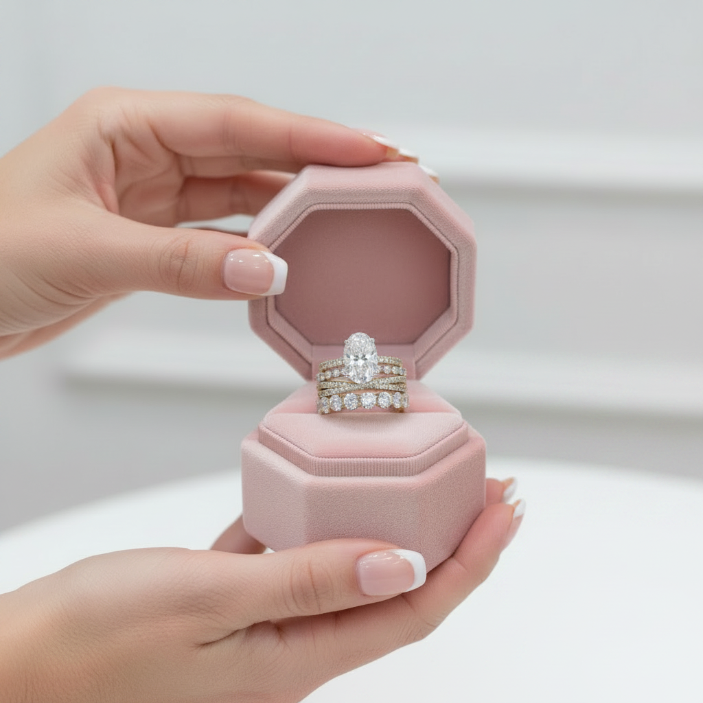 A close-up of hands holding an open pink octagonal jewelry box that displays a silver-toned ring set with a large clear center stone and smaller side stones.