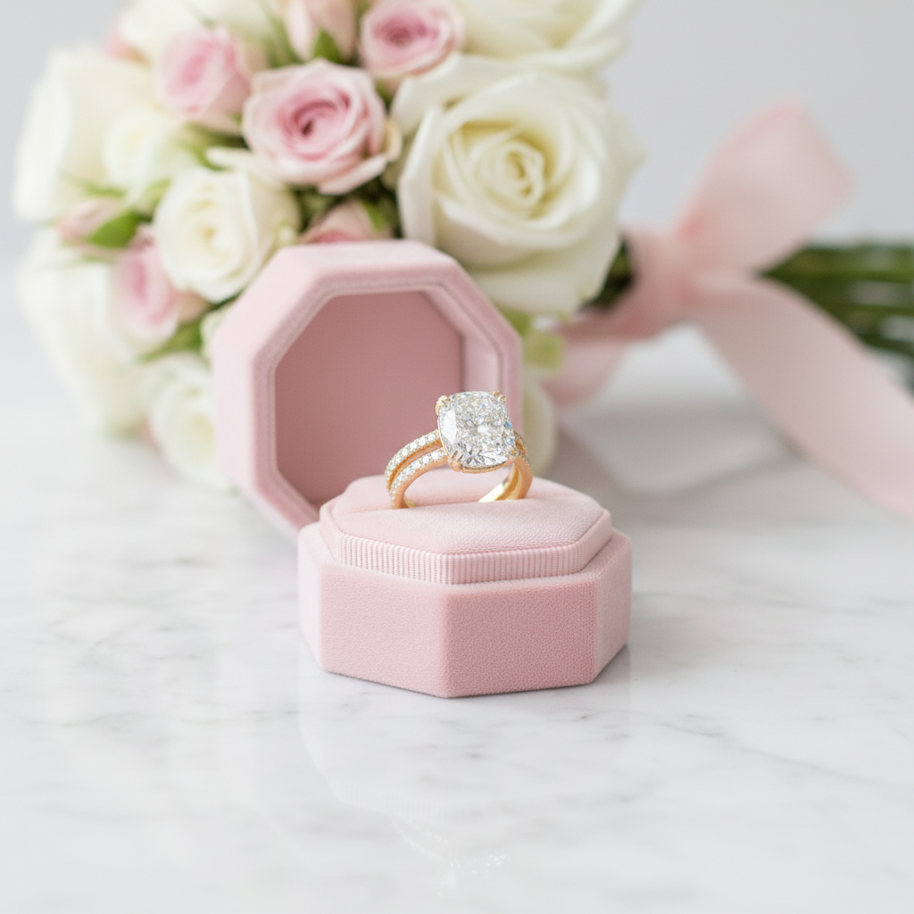Gold ring with a diamond in a pink hexagonal box, surrounded by flowers on a marble surface.