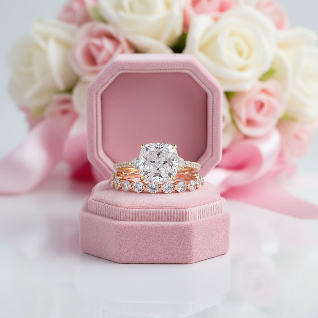 Diamond ring in a pink box with flowers in the background