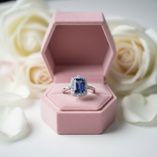 3.0 Carat Halo Emerald Cut Blue Simulated Sapphire Engagement Ring-Black Diamonds New York
